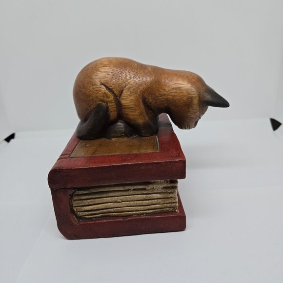 Hand Painted / Stained Wooden Cat / Kitten on a Book Trinket Box - Picture 4 of 10